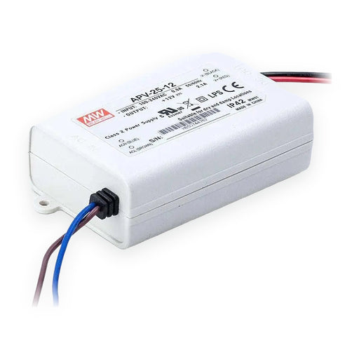 Driver LED MEAN WELL APV-25-12 de 25W y 12V, voltaje constante, con carcasa plástica blanca y cables de entrada y salida