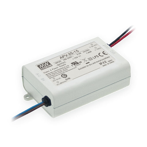 Driver LED MEAN WELL APV-25-15 de 25W y 15V, voltaje constante, con carcasa plástica blanca y cables de entrada y salida