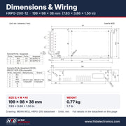 Dimensiones del HRPG-200-12: 199 x 98 x 38 mm (7.83 x 3.86 x 1.50 in), dibujo mecánico y asignación de terminales