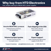 Por qué comprar el MEAN WELL HRPG-200-12 en HTD Electronics: productos MEAN WELL genuinos con fichas técnicas completas, envío rápido en EE. UU., cotizaciones por volumen y para proyectos, soporte experto